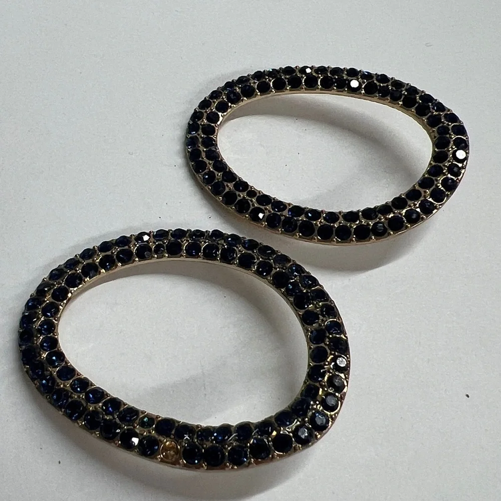 Large Oval Goldtone Navy Blue Crystal Encrusted Pierced Earrings